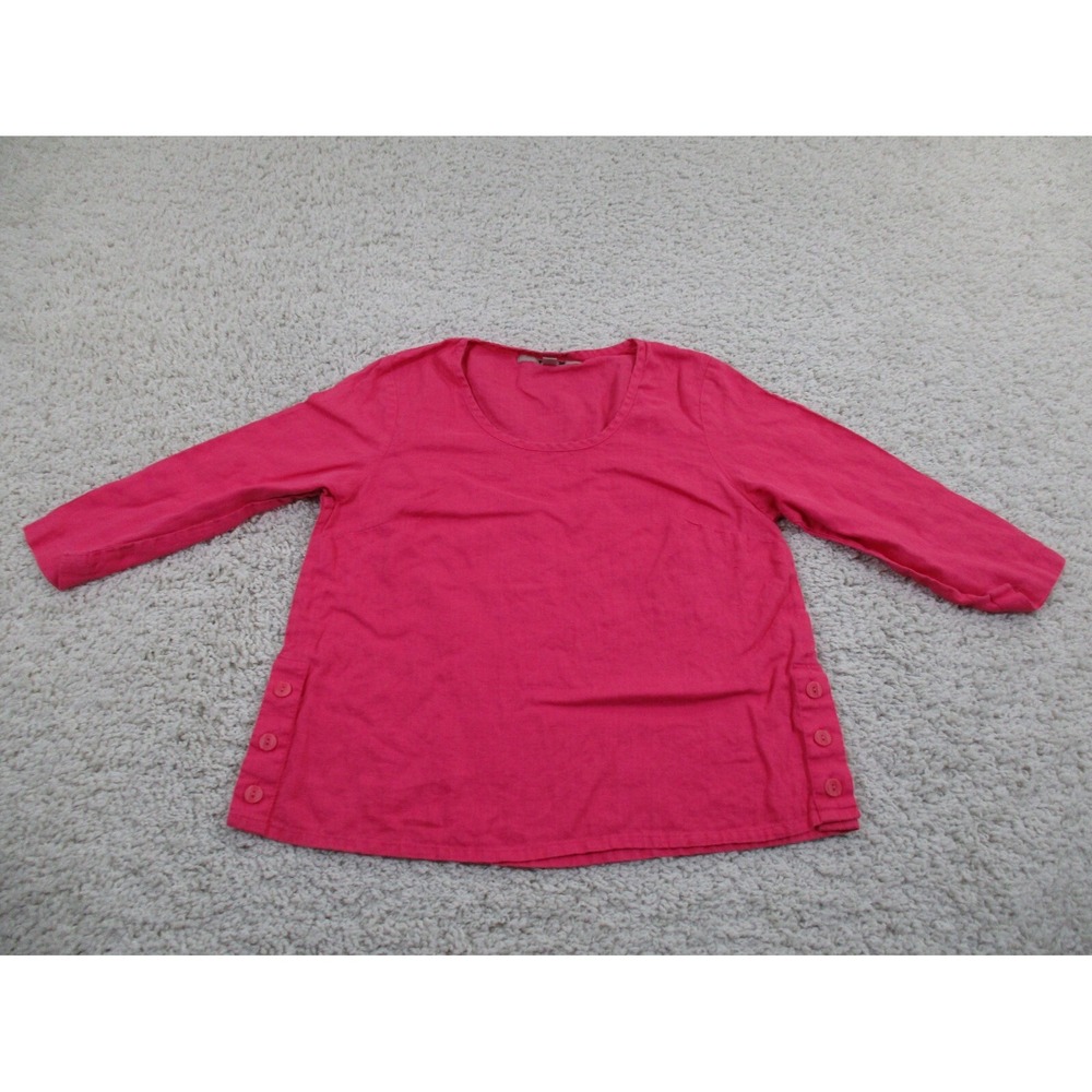 Flax Shirt Womens P 6 Pink Top 3/4 Sleeve Scoop Linen Beach Button Side Top